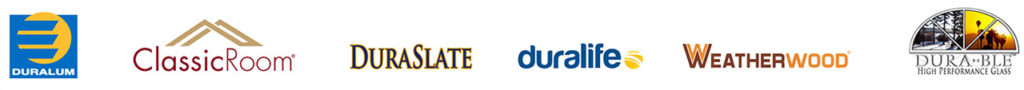 Logos of the patio and sunroom building products Duralum, Classic Room, Dura Slate, Dura Life, Weather Wood, and Durable.